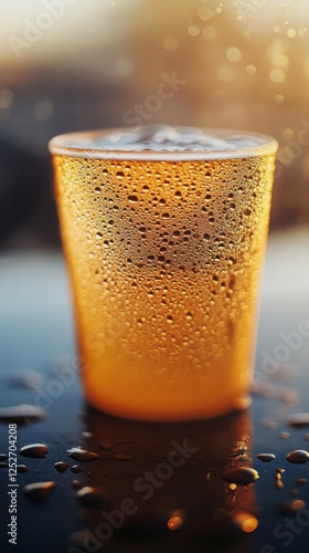 Refreshing cold drink with condensation on glass captured in warm evening light