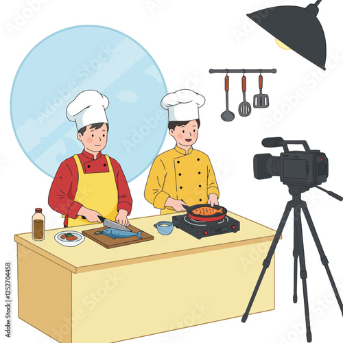 Two Chefs Cooking Fish on a Cooking Show