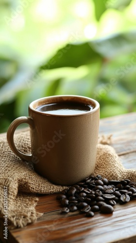 Hot black coffee in a white cup on a wooden table during morning light