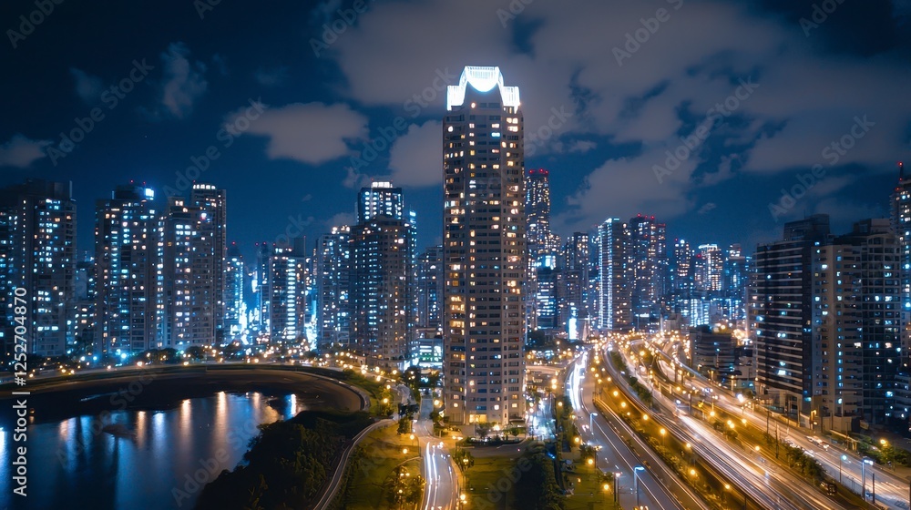 Illuminated City Skyline with Modern High-Rise Buildings and Vibrant Night Lights Illuminated City Skyline with Modern High-Rise Buildings and Vibrant Night Lights