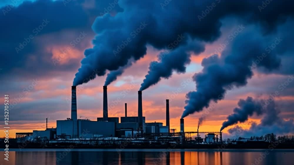 Industrial Pollution at Sunset: Dark plumes of smoke billow from industrial chimneys against a vibrant sunset, a stark visual representation of environmental pollution and its impact. Industrial Pollution at Sunset: Dark plumes of smoke billow from industrial chimneys against a vibrant sunset, a stark visual representation of environmental pollution and its impact.