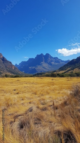 Breathtaking view of mountainous landscape with golden grass under clear blue...