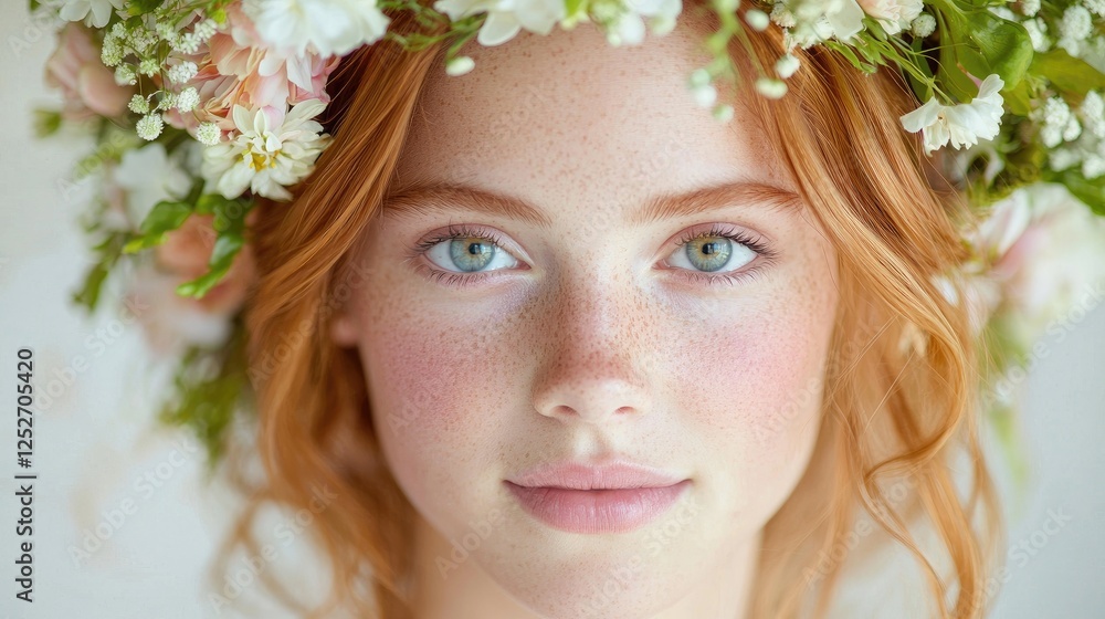 Redhead woman floral crown portrait, beauty, spring Redhead woman floral crown portrait, beauty, spring