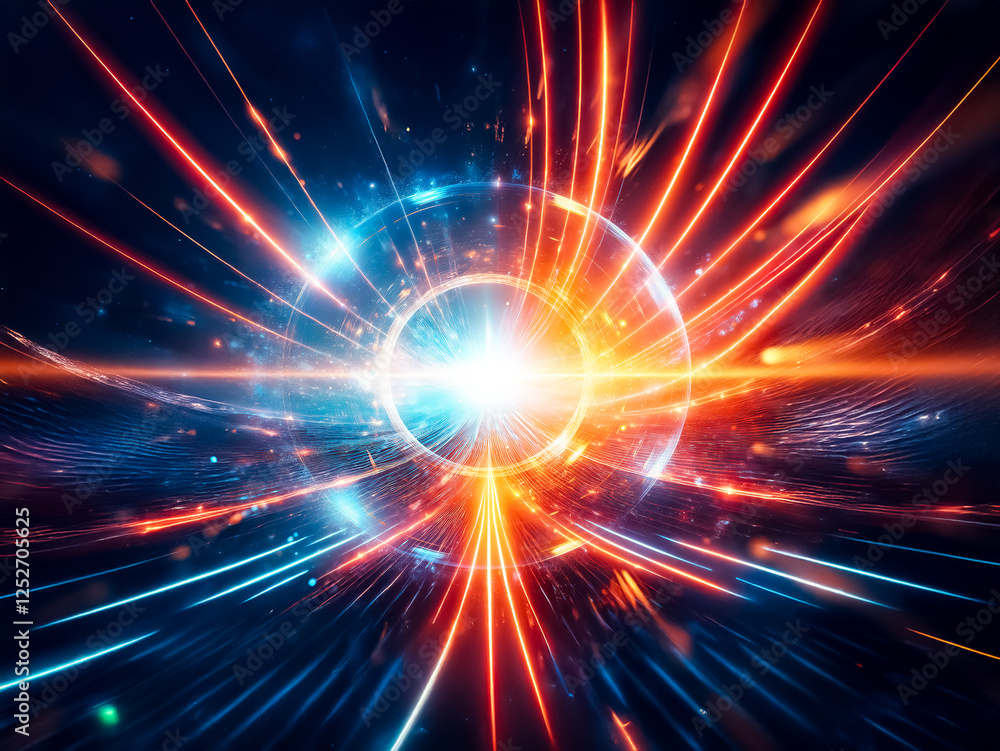 Fototapeta premium Vibrant abstract image featuring a central bright light source with dynamic rays of blue and orange radiating outwards, creating a sense of energy and motion.