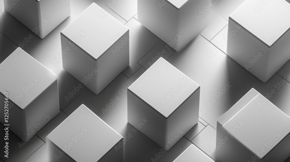 Obraz premium Interlocking 3D cubes rotating and casting shadows on a solid gray background.