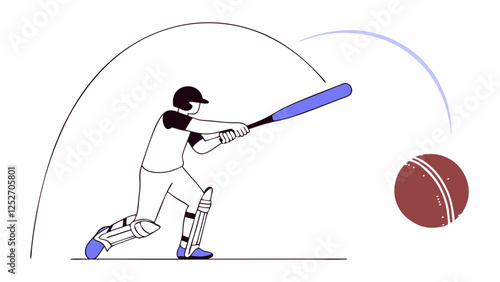 A cricketer swings a blue bat, sending the ball soaring through the air. The simplified illustration highlights the dynamic motion of the sport.AI