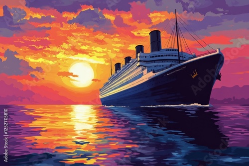 Cruise ship sailing past a sunset over the coast with vibrant colors in the sky