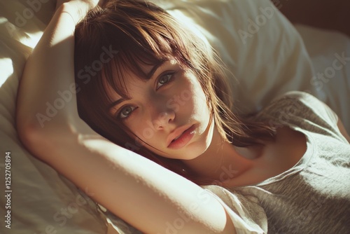 Smiling young woman relaxing in bed with soft pillows and natural light strea...