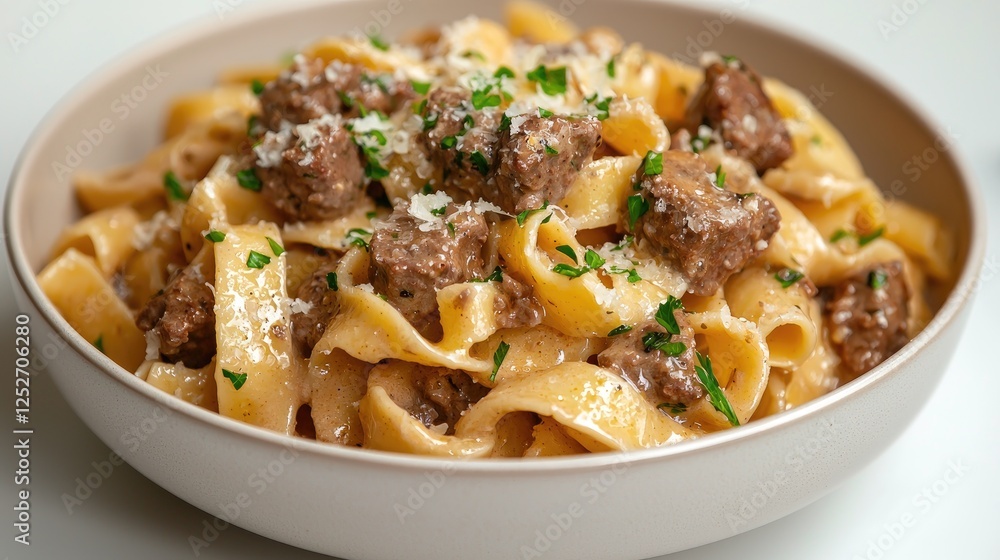 Creamy beef pasta, delicious lunch, white background, food photography, recipe illustration Creamy beef pasta, delicious lunch, white background, food photography, recipe illustration