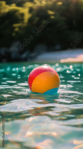 Colorful beach ball floating on calm water during a sunny afternoon by the shore