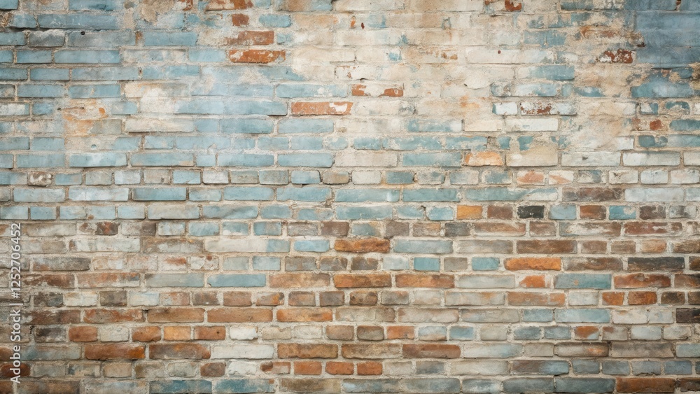 Naklejka premium Textured Aged Brick Wall Background Rustic Architectural Detail with Weathered Blue and Brown Tones
