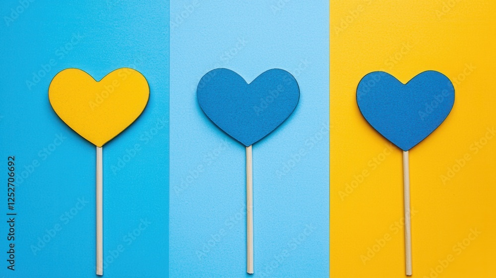 Three Colorful Hearts On Sticks Against Blue And Yellow Backgrounds Three Colorful Hearts On Sticks Against Blue And Yellow Backgrounds