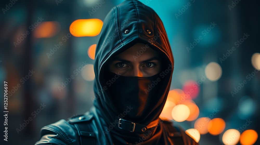 Sleek Cyberpunk Assassin in Neon-Lit Cityscape Sleek Cyberpunk Assassin in Neon-Lit Cityscape