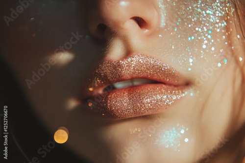 Shimmering lips adorned with glitter in warm light during an artistic photoshoot