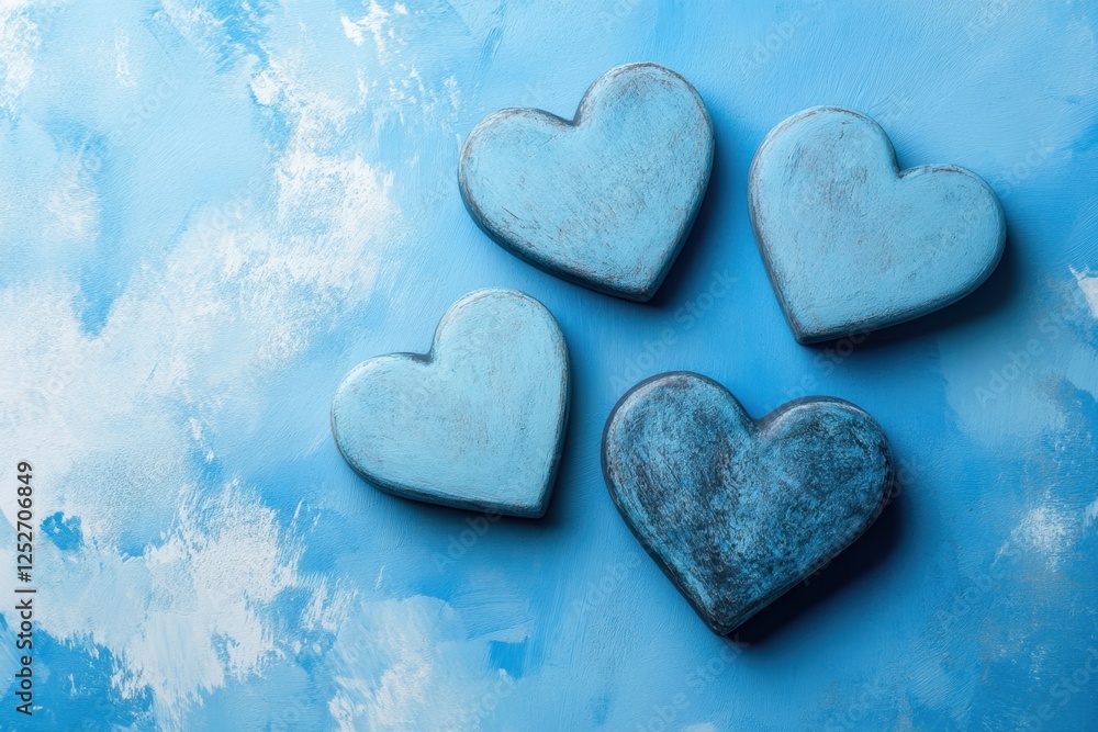 Obraz premium Four textured blue hearts sit on a painted blue surface