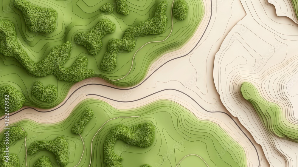 Obraz premium Abstract Topographic Map: Green Landscape with Contours and Elevation Lines in 3D Rendered Style