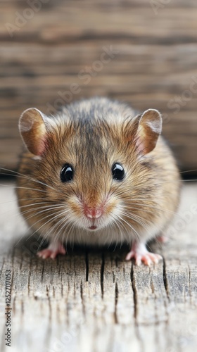 Cute hamster sitting on wooden surface with tiny paws together in a charming ...