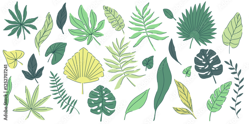 tropical green leaves set. monstera, palm, fern, ivy in various shapes and sizes. simple flat style. Vector illustration. Perfect for prints, packaging, invitations, branding, backgrounds, textile tropical green leaves set. monstera, palm, fern, ivy in various shapes and sizes. simple flat style. Vector illustration. Perfect for prints, packaging, invitations, branding, backgrounds, textile