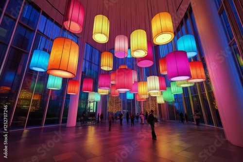 Colorful illuminated installation art displayed in a modern gallery space