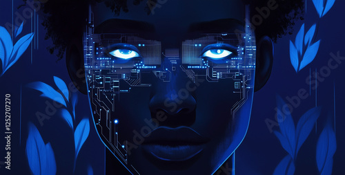 Artificial Intelligence Concept, Human Head with Digital Cyborg's Face and Futuristic Tech Background.