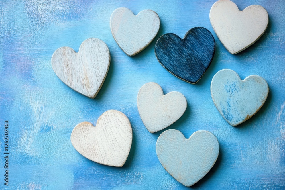 Fototapeta premium Wooden hearts painted in various shades of blue on canvas