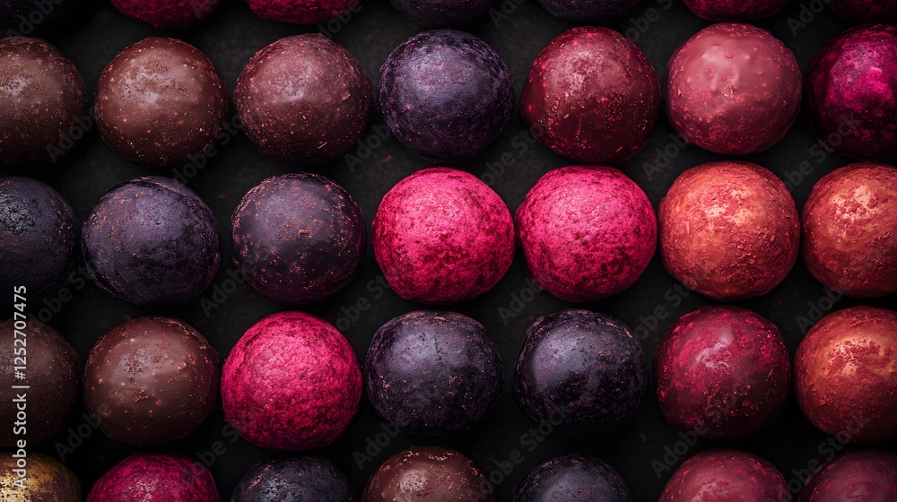 Ruby Chocolate Truffle Selection. A selection of ruby chocolate truffles with vibrant colors and glossy finishes Ruby Chocolate Truffle Selection. A selection of ruby chocolate truffles with vibrant colors and glossy finishes