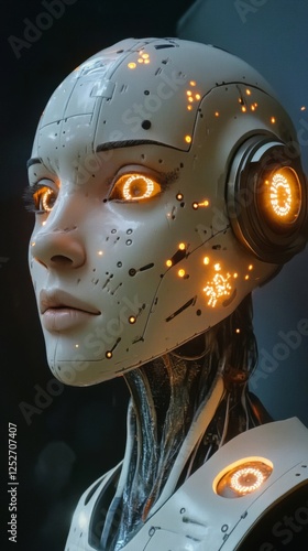 Advanced humanoid robot with glowing eyes in a futuristic environment