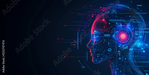 Artificial Intelligence Concept, Human Head with Digital Cyborg's Face and Futuristic Tech Background.