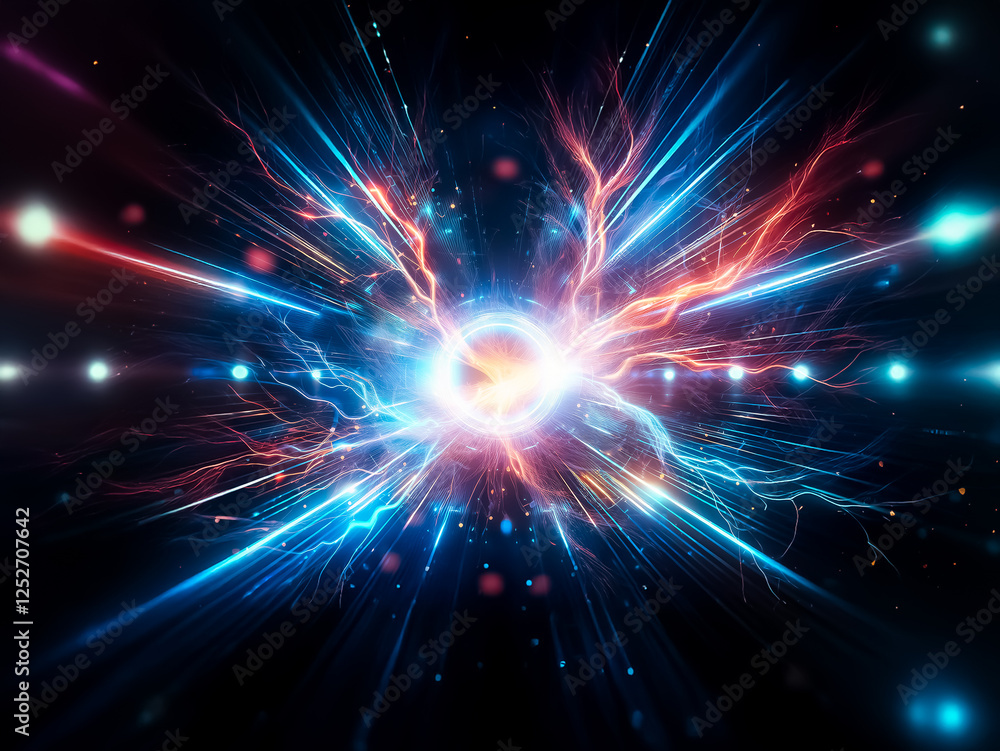 Naklejka premium Dynamic energy core explodes outwards in a vibrant display. Blue and red light rays emanate from a central point, creating a powerful and abstract visual impact.