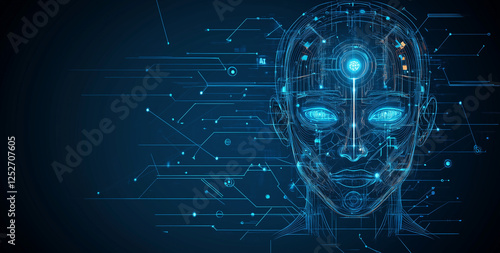 Artificial Intelligence Concept, Human Head with Digital Cyborg's Face and Futuristic Tech Background.
