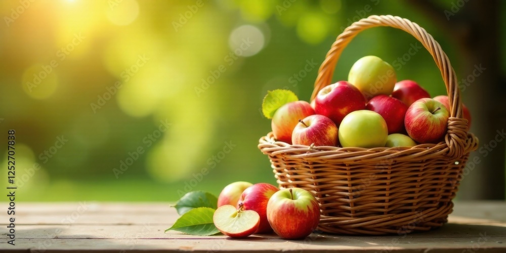 A wicker basket brimming with a delightful harvest of red and green apples, bathed in the warm glow of sunlight, rests on a rustic wooden surface, surrounded by additional apples. A wicker basket brimming with a delightful harvest of red and green apples, bathed in the warm glow of sunlight, rests on a rustic wooden surface, surrounded by additional apples.