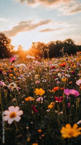 Colorful wildflower field at sunset with vibrant blooms and a picturesque sky
