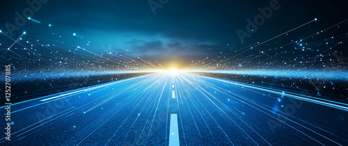 Blue technological background, a perspective road in the center of the picture with light effects and light lines on both sides. In the foreground is an empty blue field with geometric patterns at its