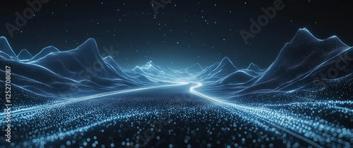 Blue technological background, a perspective road in the center of the picture with light effects and light lines on both sides. In the foreground is an empty blue field with geometric patterns at its