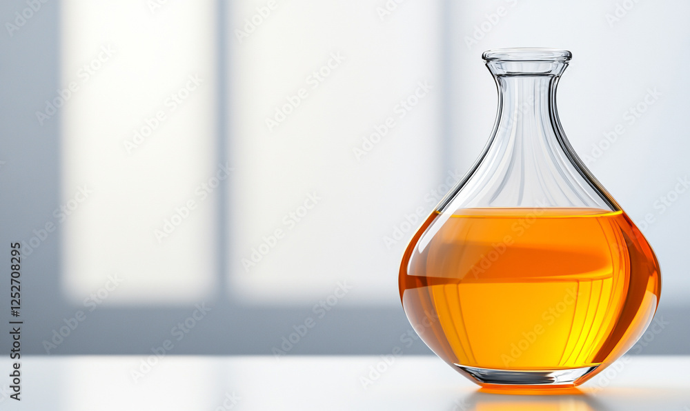 Stylish glass decanter filled with amber liquid on a minimalist background.