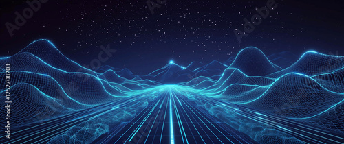 Blue technological background, a perspective road in the center of the picture with light effects and light lines on both sides. In the foreground is an empty blue field with geometric patterns at its