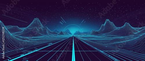 Blue technological background, a perspective road in the center of the picture with light effects and light lines on both sides. In the foreground is an empty blue field with geometric patterns at its