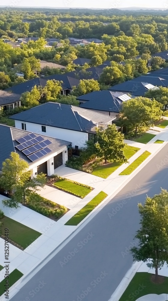 Aerial view of solar-powered homes in a green suburban neighborhood Aerial view of solar-powered homes in a green suburban neighborhood