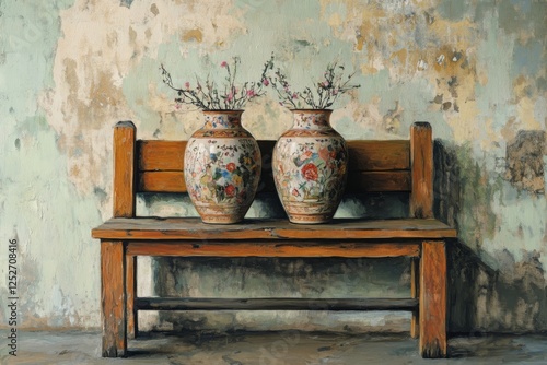 Elegant ceramic vases on a rustic wooden bench against a textured wall