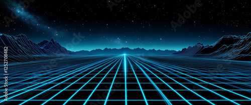 Blue technological background, a perspective road in the center of the picture with light effects and light lines on both sides. In the foreground is an empty blue field with geometric patterns at its