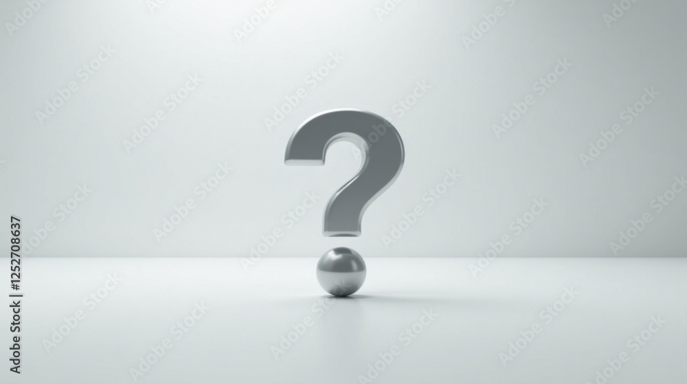 A metallic question mark hovers above a sphere, symbolizing inquiry and the search for answers in a minimalist setting. A metallic question mark hovers above a sphere, symbolizing inquiry and the search for answers in a minimalist setting.
