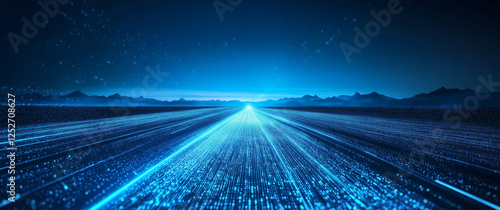 Blue technological background, a perspective road in the center of the picture with light effects and light lines on both sides. In the foreground is an empty blue field with geometric patterns at its