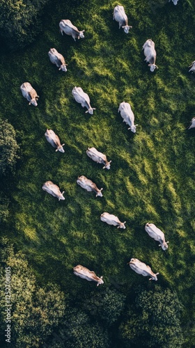 Cows grazing in a lush green field under cloudy skies in a rural landscape