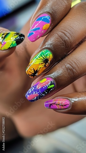 Colorful nail art design featuring vibrant shades under bright sunlight in an...