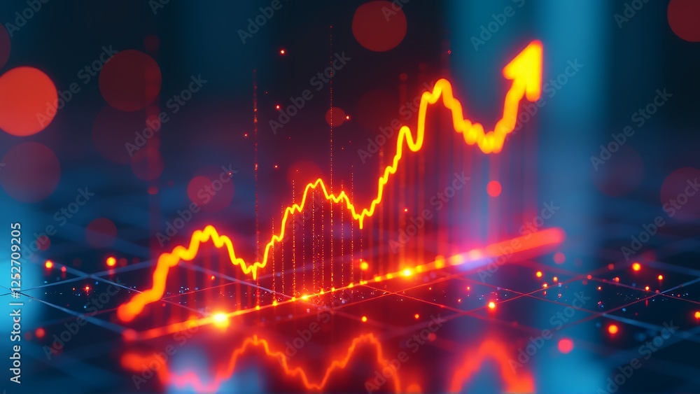 A vibrant and dynamic graph with a glowing orange line indicating upward growth, set against a futuristic, reflective surface. The background features a blend of cool blue tones and warm red bokeh lig A vibrant and dynamic graph with a glowing orange line indicating upward growth, set against a futuristic, reflective surface. The background features a blend of cool blue tones and warm red bokeh lig