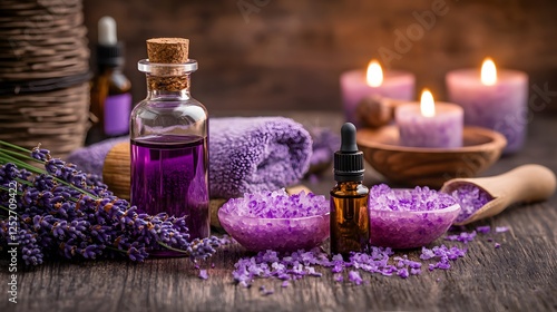 A relaxing aromatherapy facial treatment. A calming setup with lavender essential oils, candles, and soothing purple decor for relaxation and wellness. photo