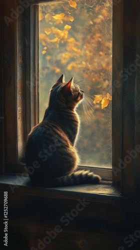 Cat gazing out of window at lush green garden during a sunny afternoon