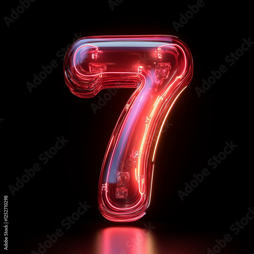 Number seven glowing in neon red against a dark background representing modern digital aesthetics. Generative AI photo