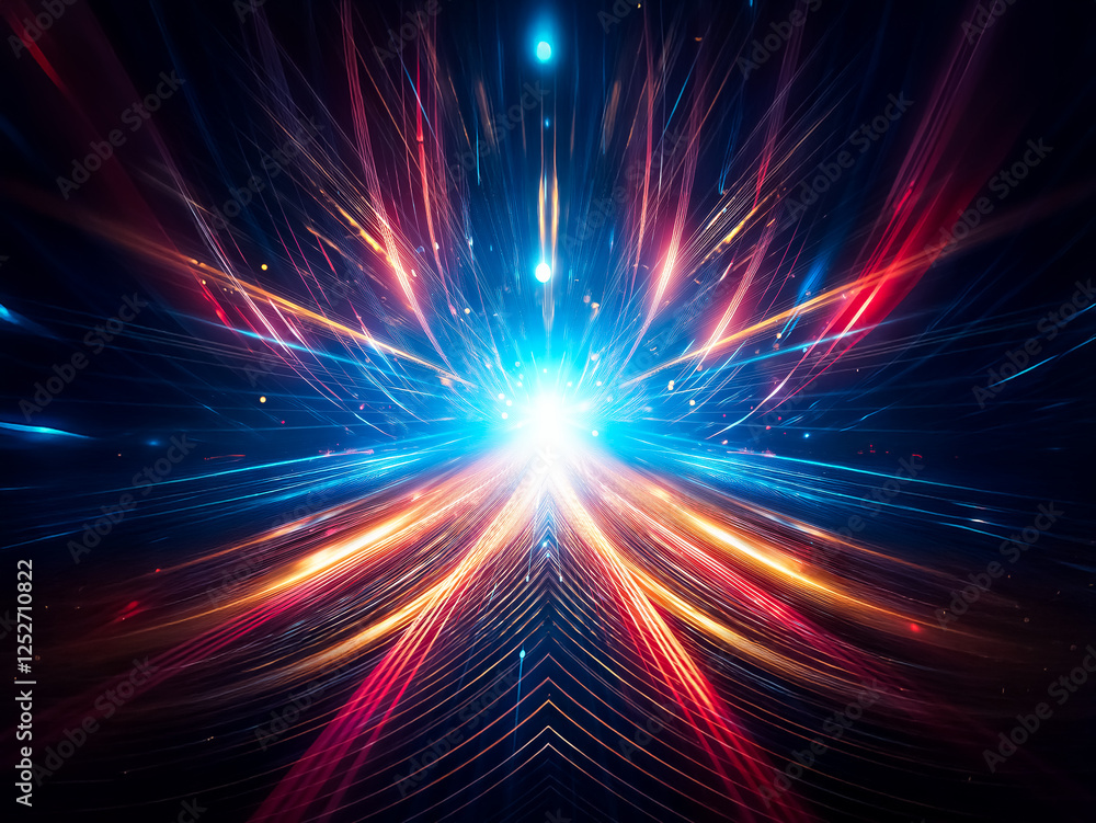 Fototapeta premium A vibrant burst of light, blue and gold streaks radiate outwards from a central point, creating a dynamic, energetic composition. The dark background emphasizes the luminescence.
