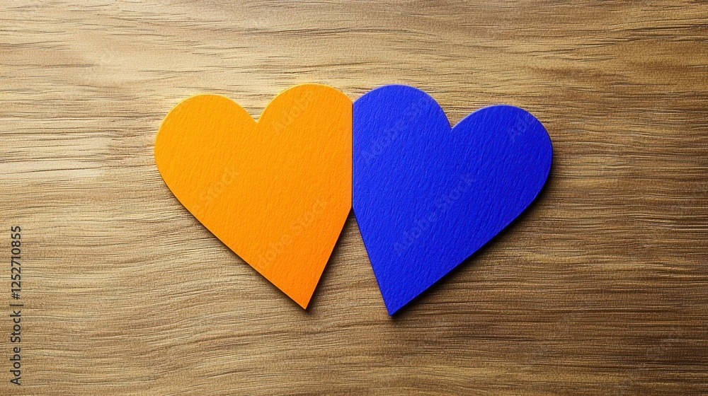 Two Orange And Blue Hearts On Wooden Background Two Orange And Blue Hearts On Wooden Background
